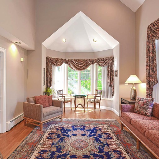 Cathedral ceiling living room with hardwood floors, a bay window and an area rug